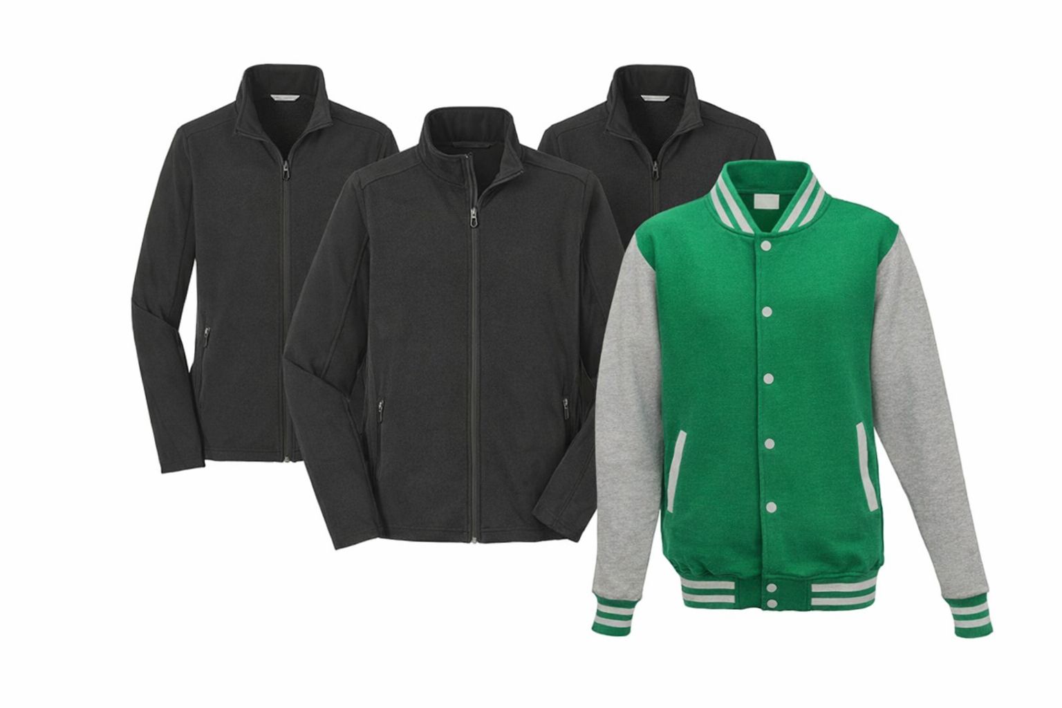 Tre svarta träningsjackor och en grön baseballjacka för profilkläder.